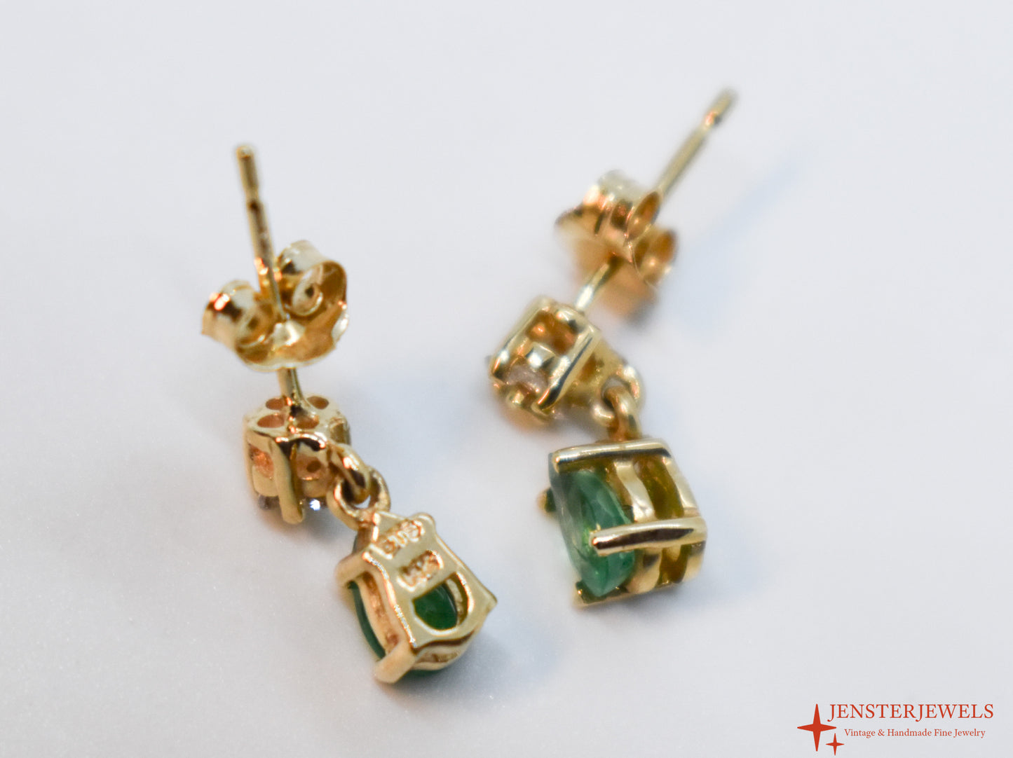 Vintage 14k Yellow Gold Emerald & Diamond Dangle Earrings