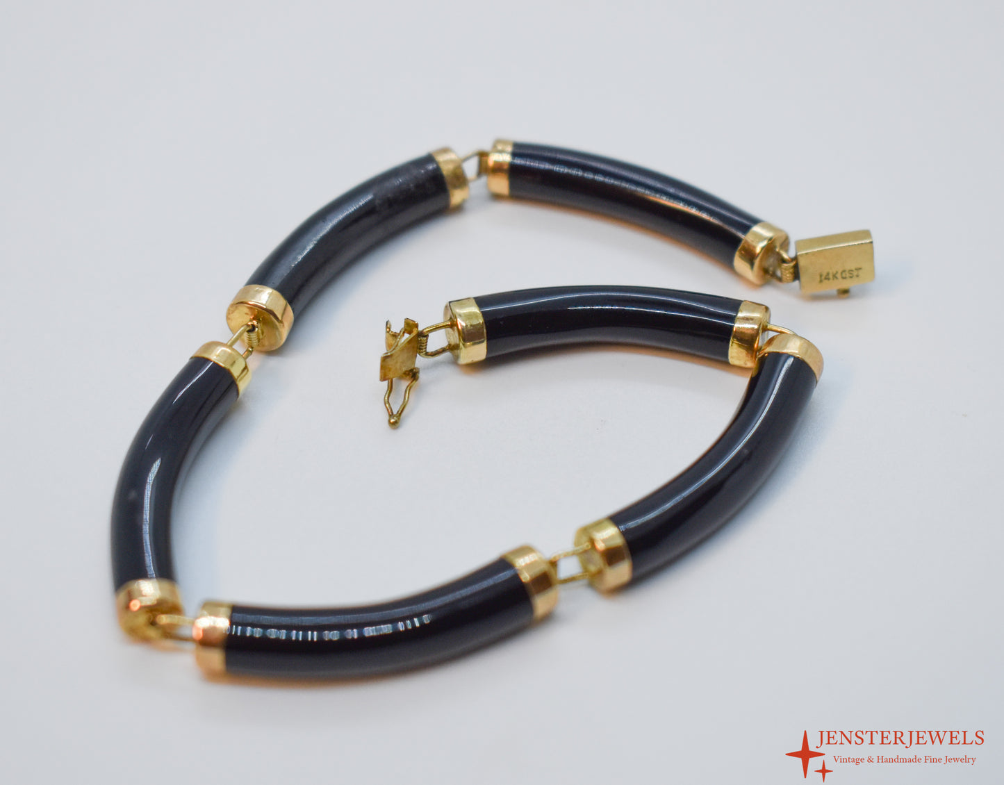 Vintage 14k Yellow Gold Black Onyx Link Bracelet 7"