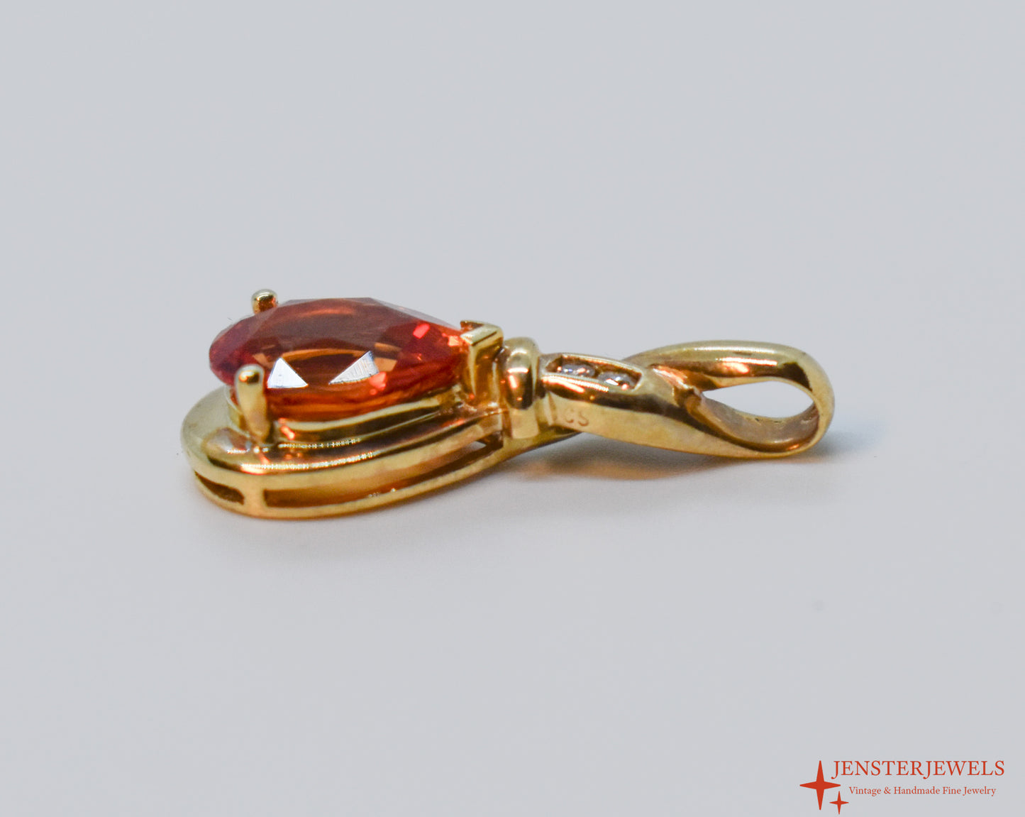 Vintage 14k Yellow Gold Synthetic Orange Sapphire & Diamond Pendant
