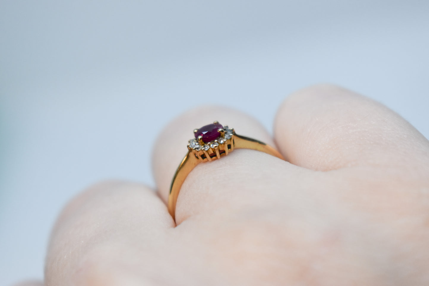 Vintage 14k Yellow Gold Ruby & Diamond Halo Ring β PJS Size 6 1/2