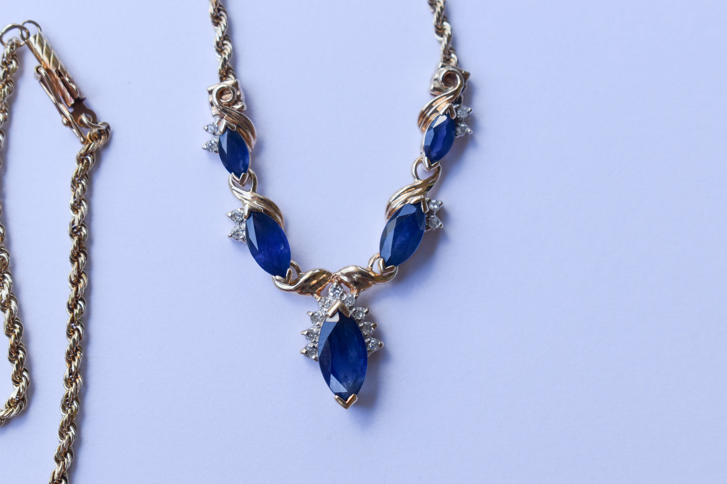 Vintage 14k Yellow Gold Sapphire & Diamond V-Shaped Necklace
