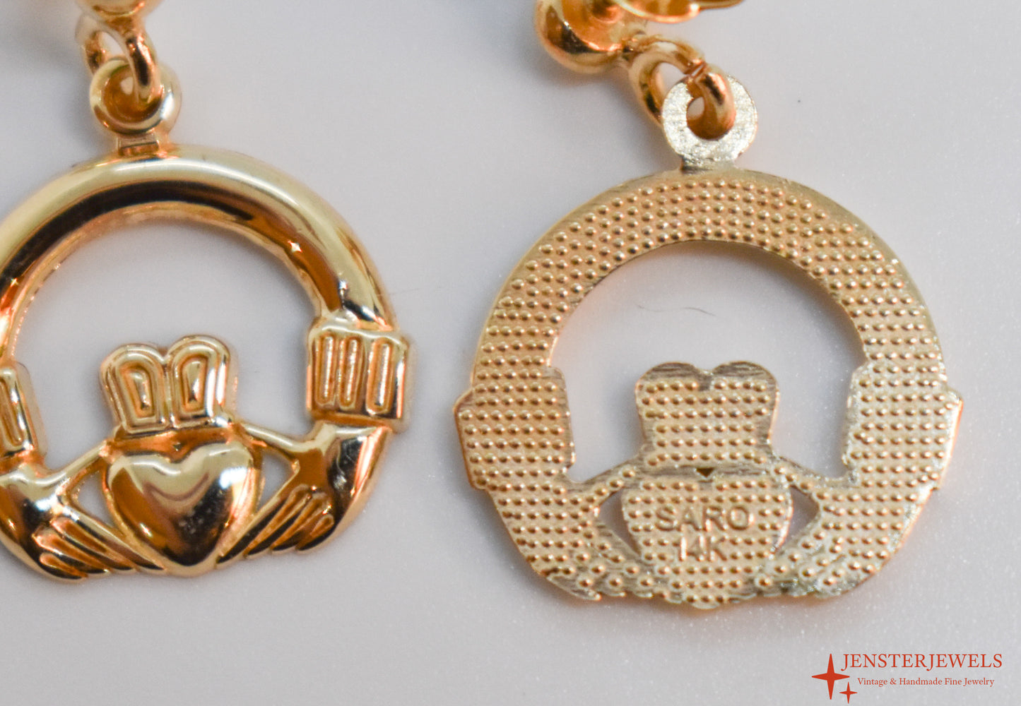 Vintage 14k Yellow Gold Claddagh Dangle Earrings