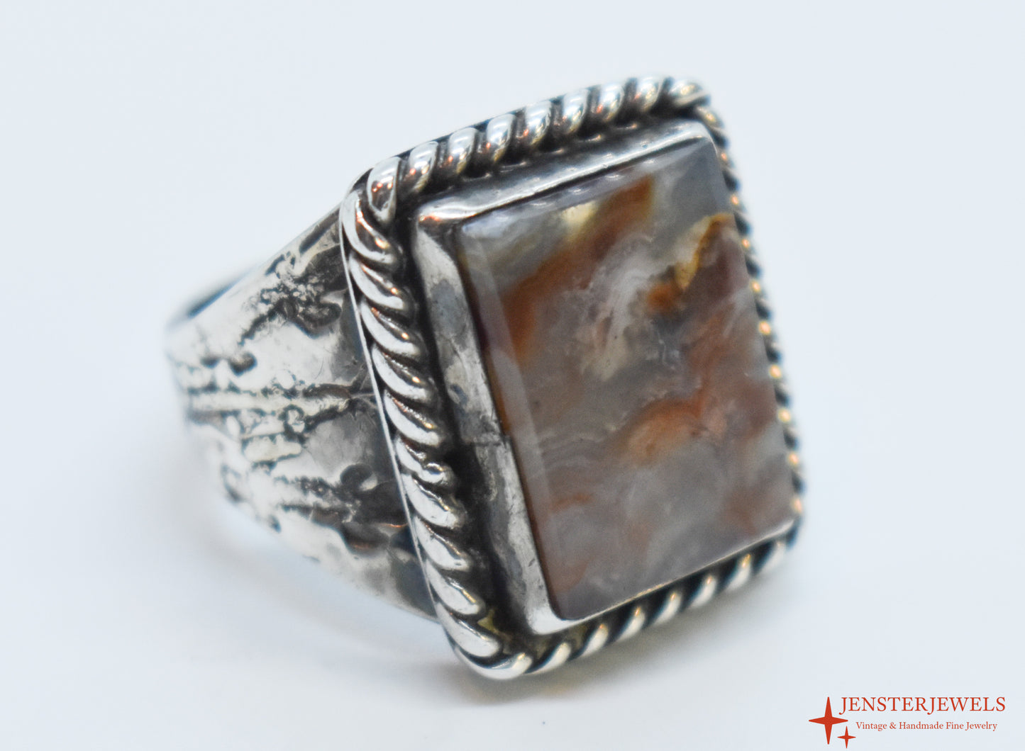 Vintage Sterling Silver Agate Solitaire Ring Size 8 1/4
