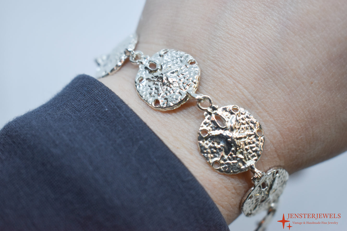 Vintage Sterling Silver Sand Dollar Link Bracelet 7"