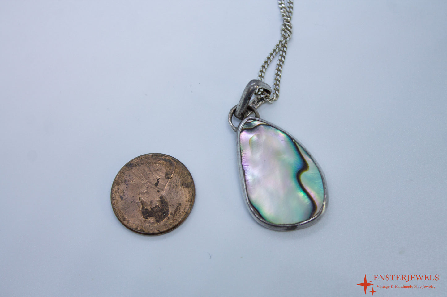 Vintage Sterling Silver Abalone Shell Pendant Necklace 19 1/2"