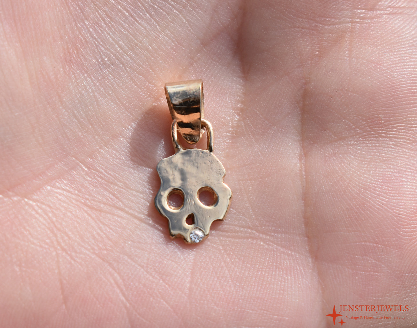 Handmade 14k Yellow Gold CZ Skull Pendant