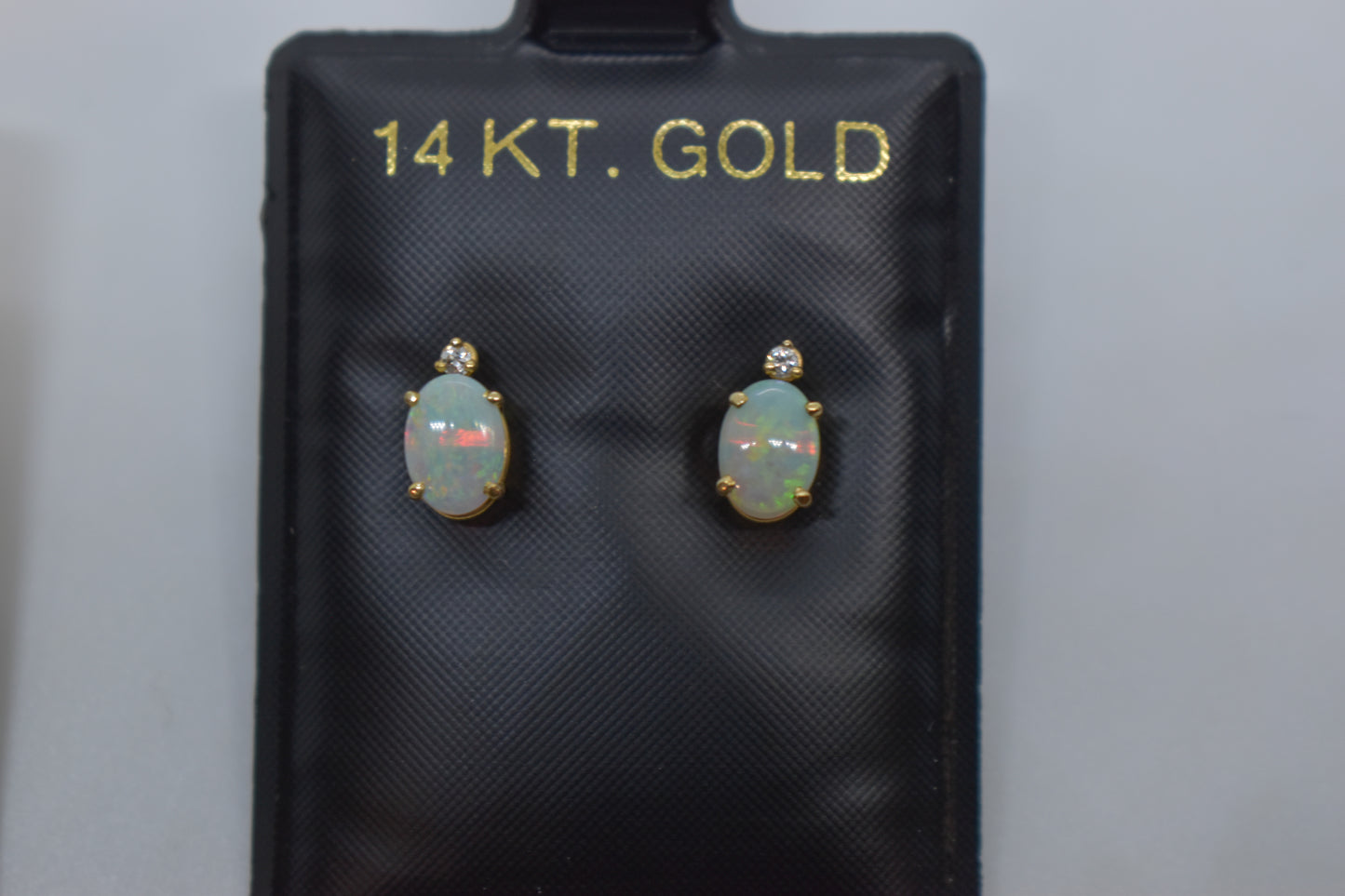 Vintage 14k Yellow Gold Opal & Diamond Stud Earrings