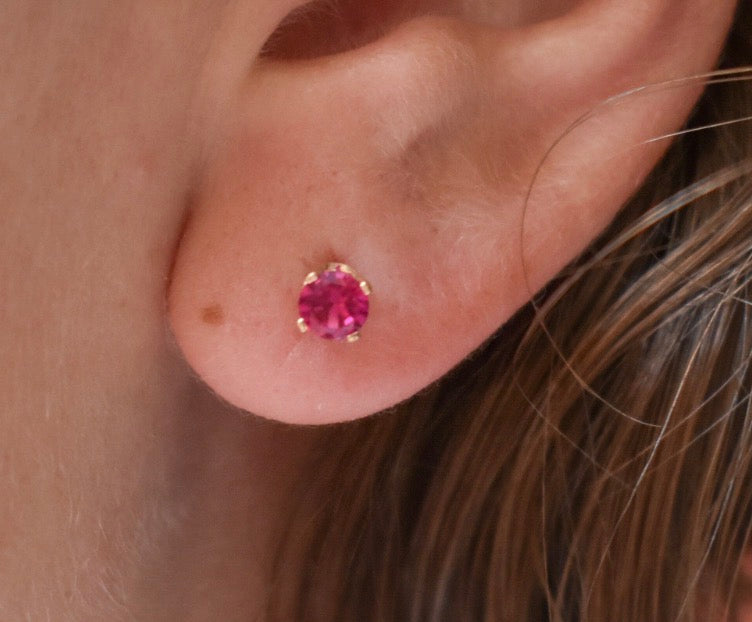 Vintage 14k Yellow Gold Dark Pink Cubic Zirconia Stud Earrings