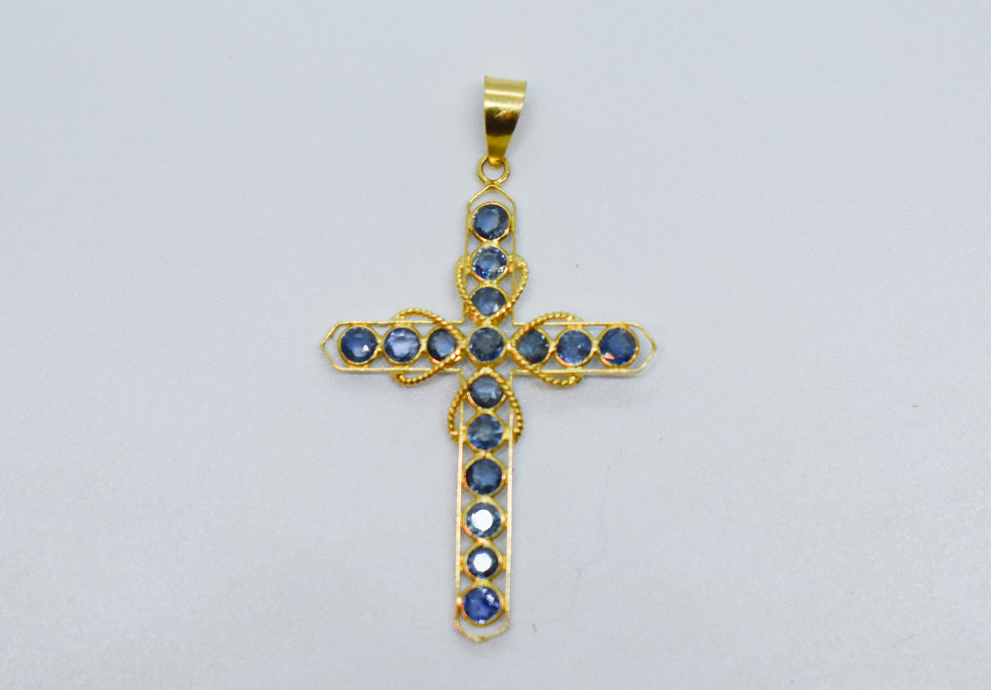 Vintage 18k Yellow Gold Sapphire Cross Pendant