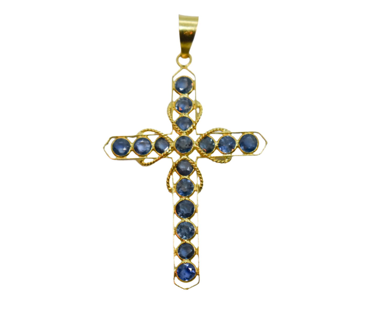Vintage 18k Yellow Gold Sapphire Cross Pendant