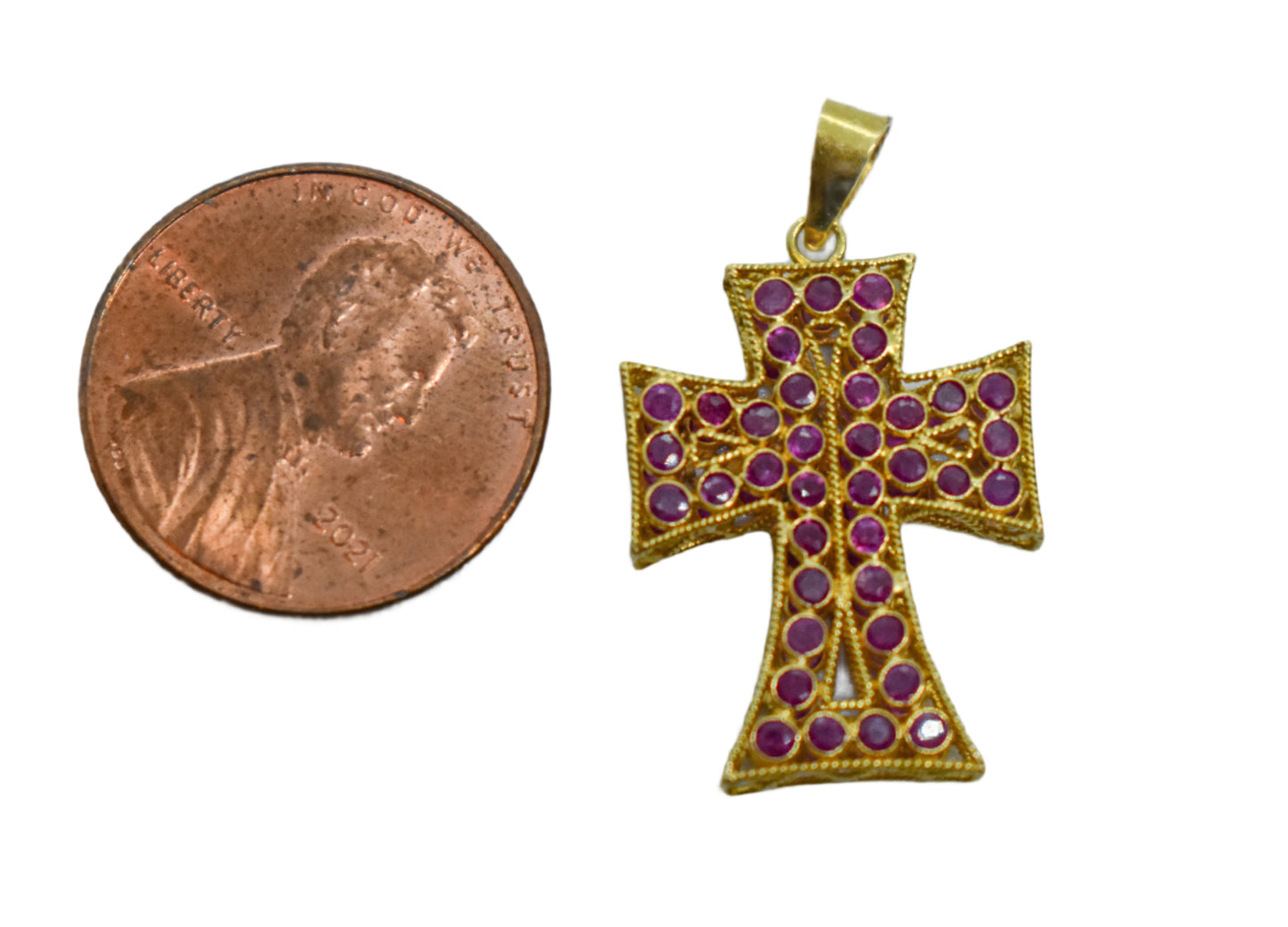Vintage 18k Yellow Gold Ruby Cross Pendant