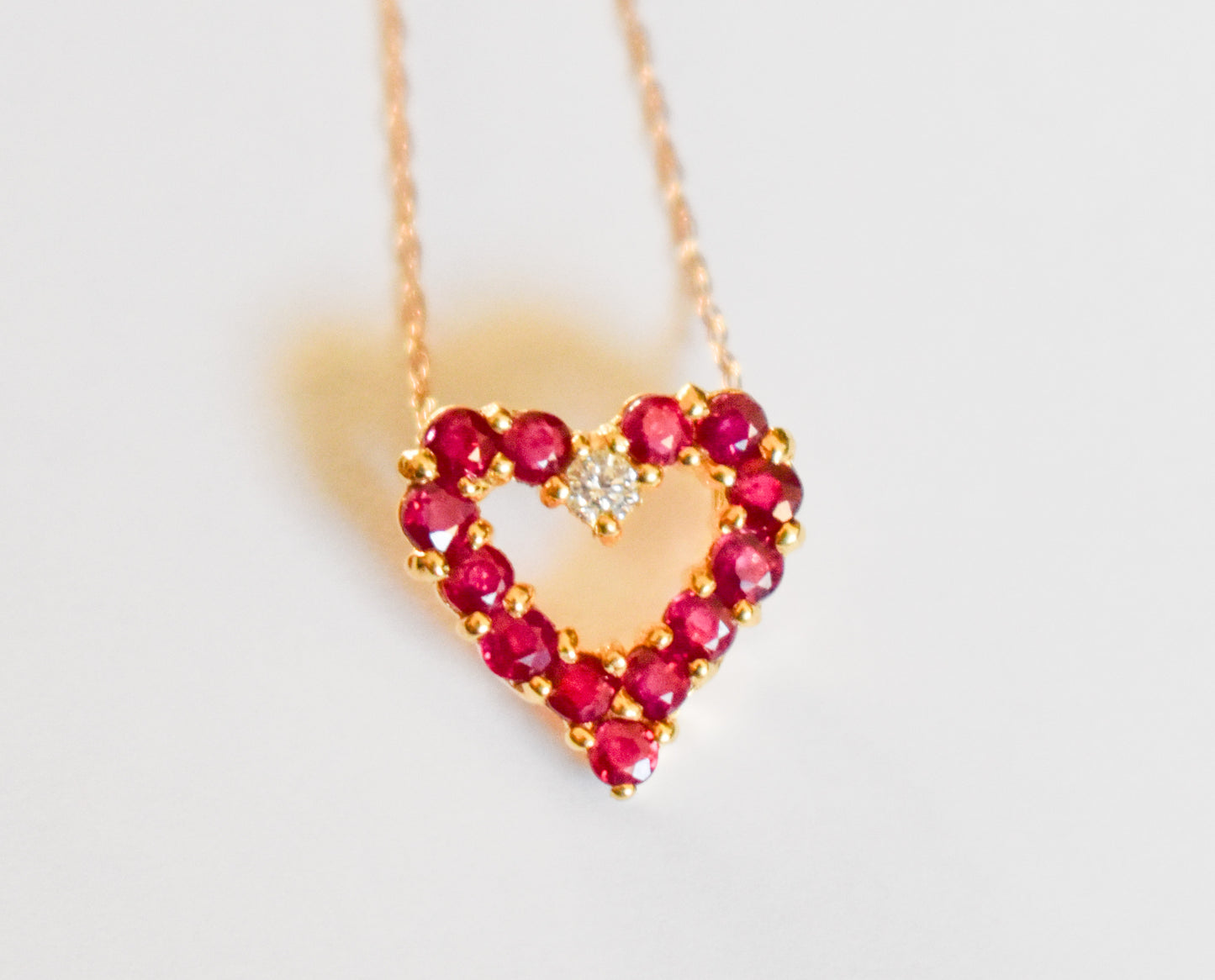 Vintage 14k Yellow Gold Ruby and Diamond Heart Pendant on Dainty Chain Necklace
