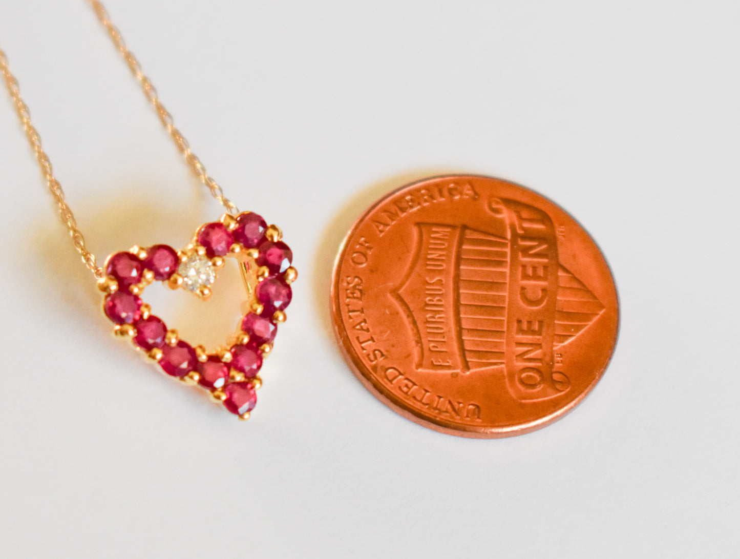 Vintage 14k Yellow Gold Ruby and Diamond Heart Pendant on Dainty Chain Necklace