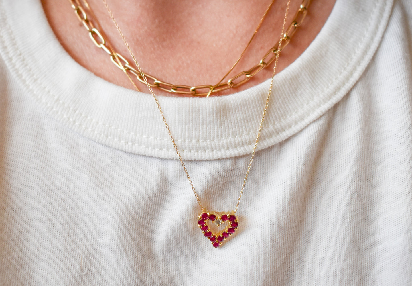 Vintage 14k Yellow Gold Ruby and Diamond Heart Pendant on Dainty Chain Necklace
