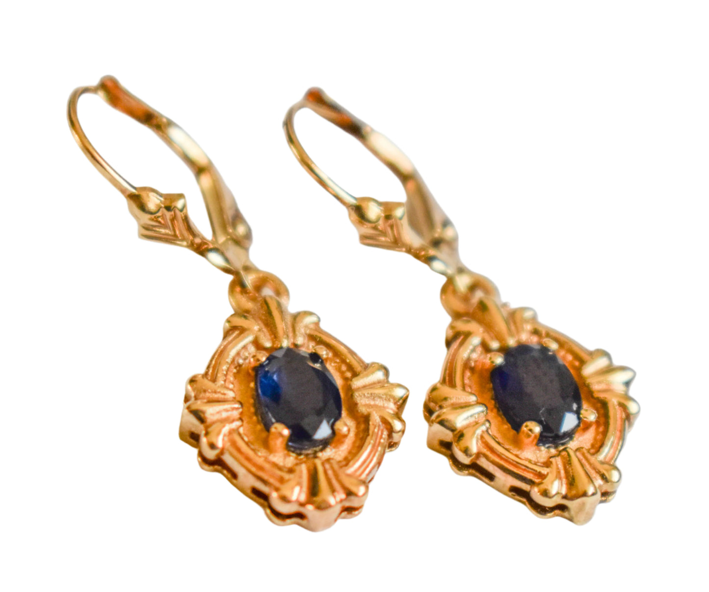 Vintage 14k Yellow Gold Sapphire Lever Back Earrings Antique Look