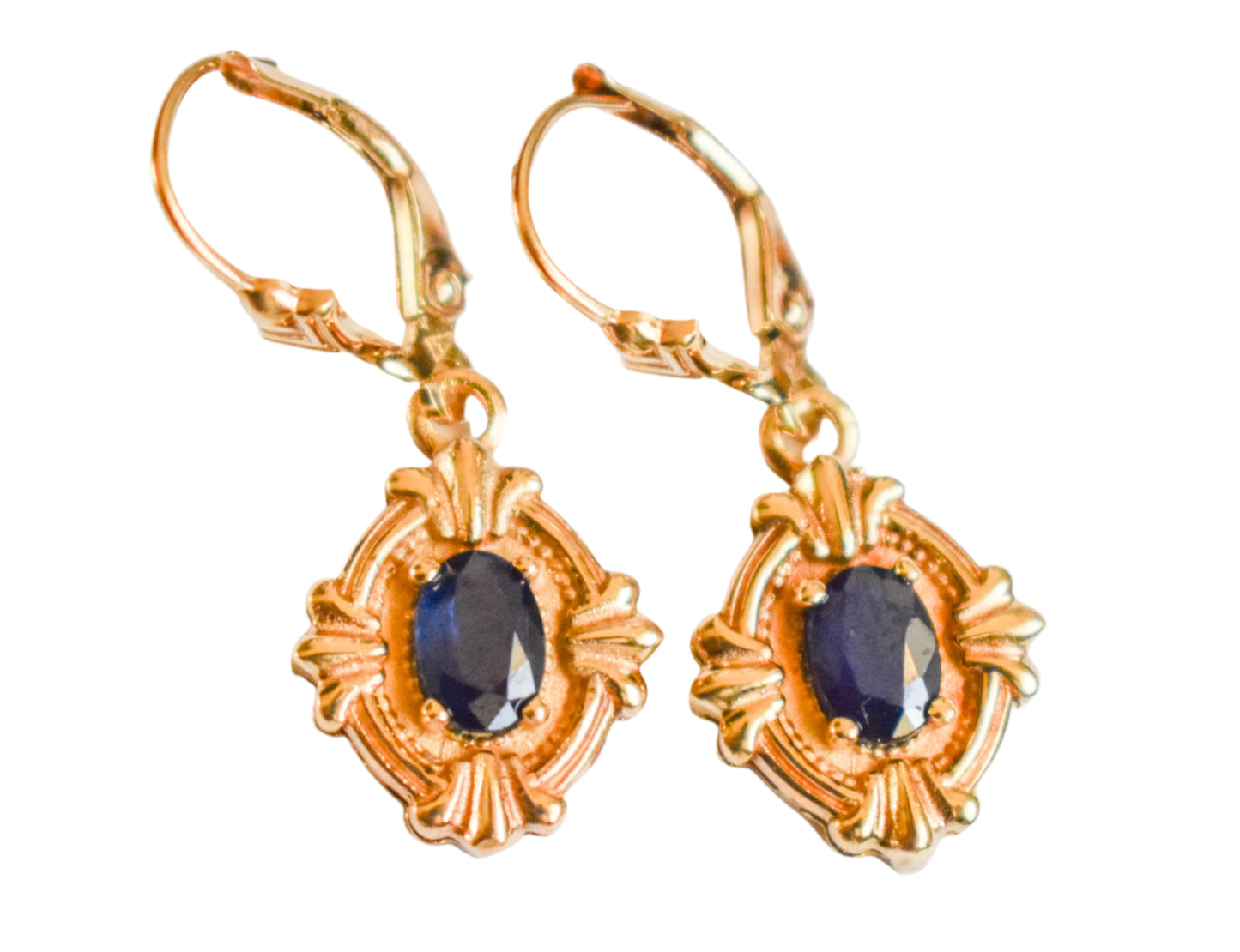 Vintage 14k Yellow Gold Sapphire Lever Back Earrings Antique Look