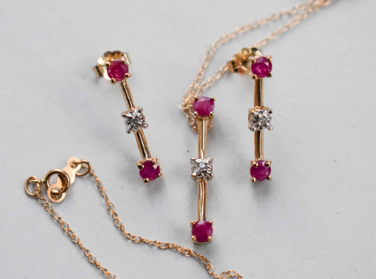 Vintage 10k Yellow Gold Ruby and Diamond Earrings and Necklace Set