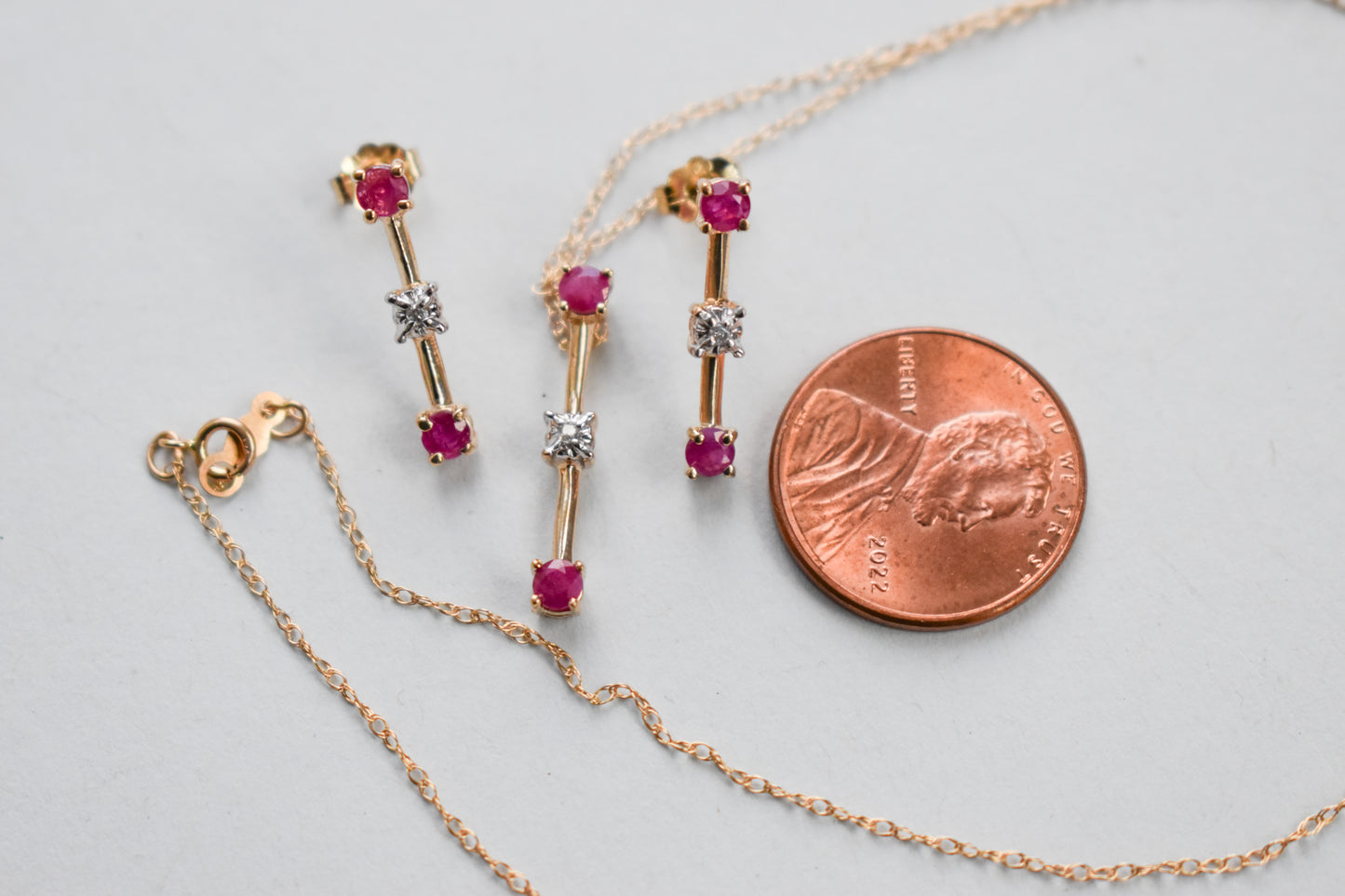 Vintage 10k Yellow Gold Ruby and Diamond Earrings and Necklace Set