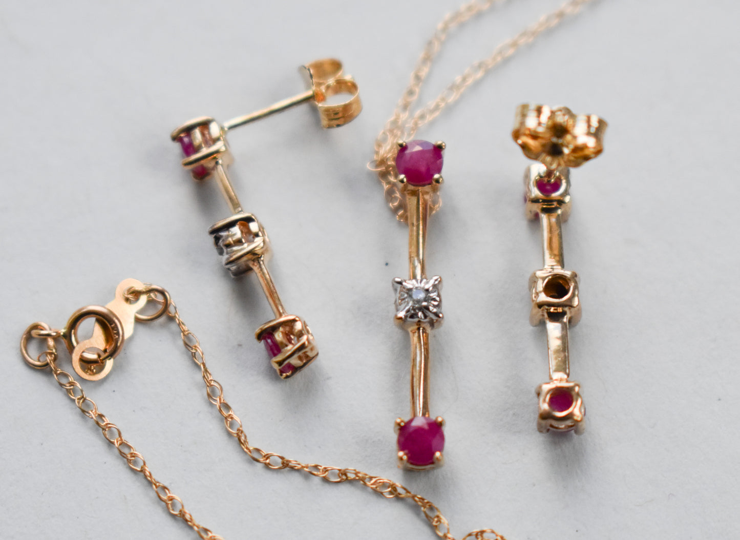 Vintage 10k Yellow Gold Ruby and Diamond Earrings and Necklace Set
