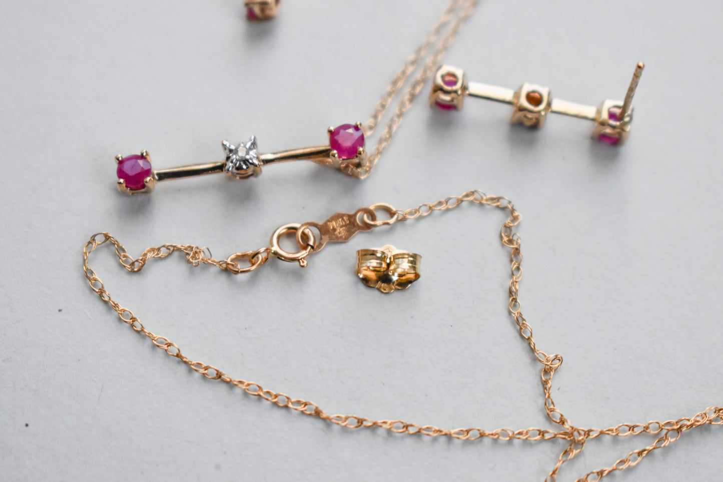 Vintage 10k Yellow Gold Ruby and Diamond Earrings and Necklace Set