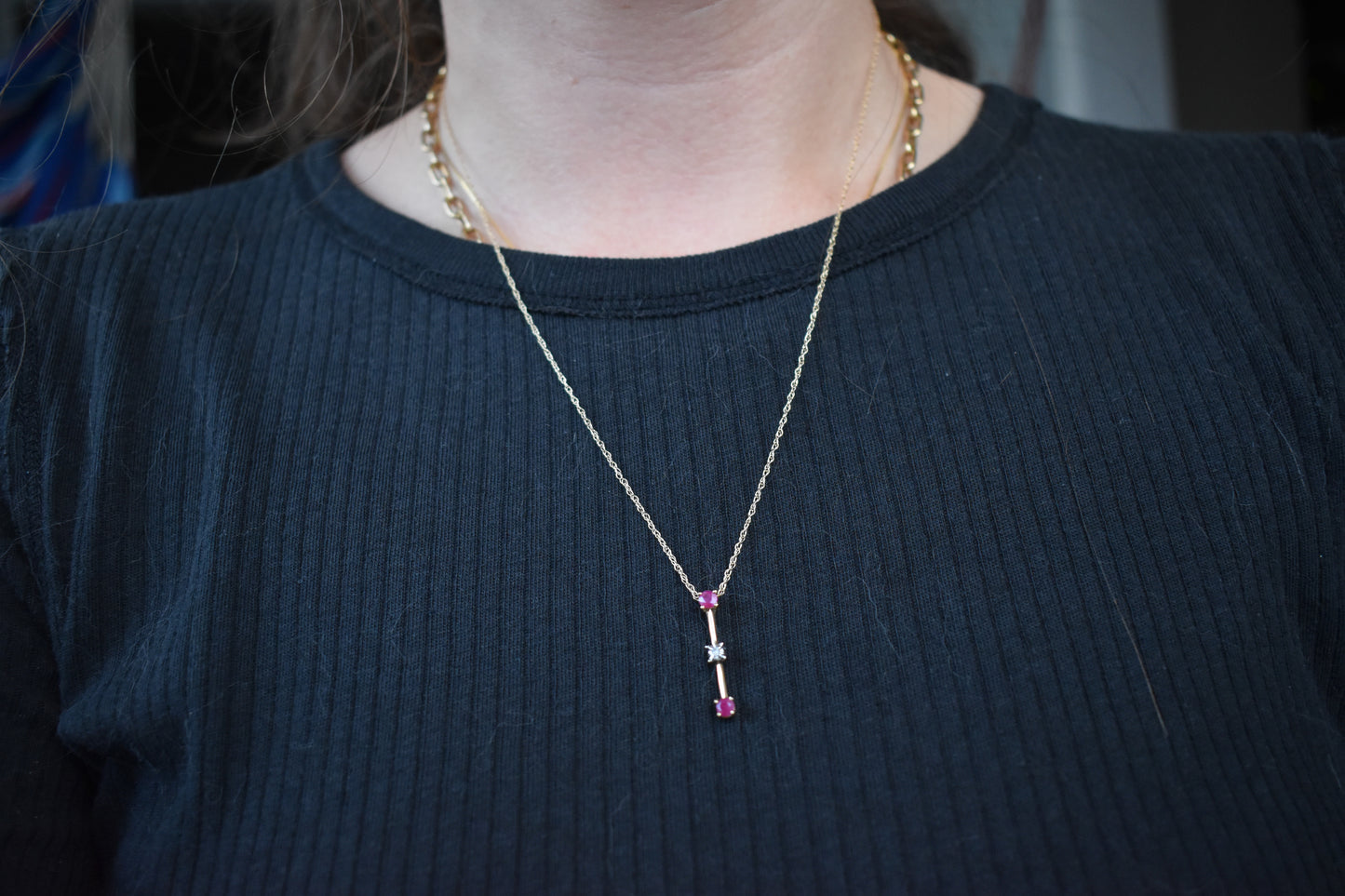 Vintage 10k Yellow Gold Ruby and Diamond Earrings and Necklace Set