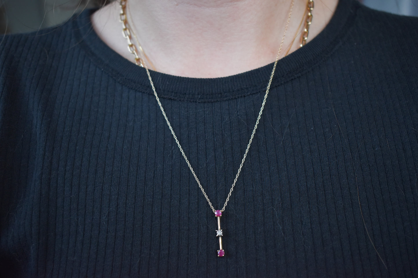 Vintage 10k Yellow Gold Ruby and Diamond Earrings and Necklace Set