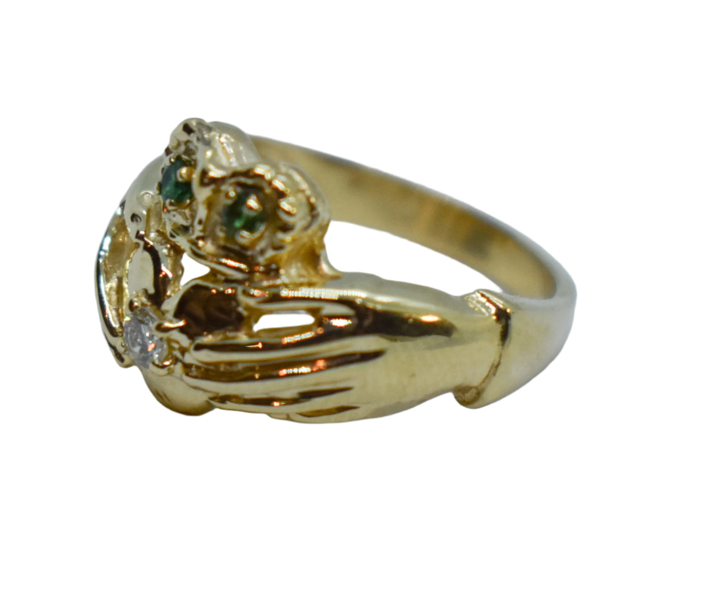 Vintage 14k Gold Claddagh Ring – Emerald & Diamond – Size 5 3/4