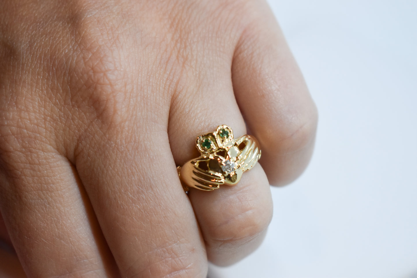 Vintage 14k Gold Claddagh Ring – Emerald & Diamond – Size 5 3/4