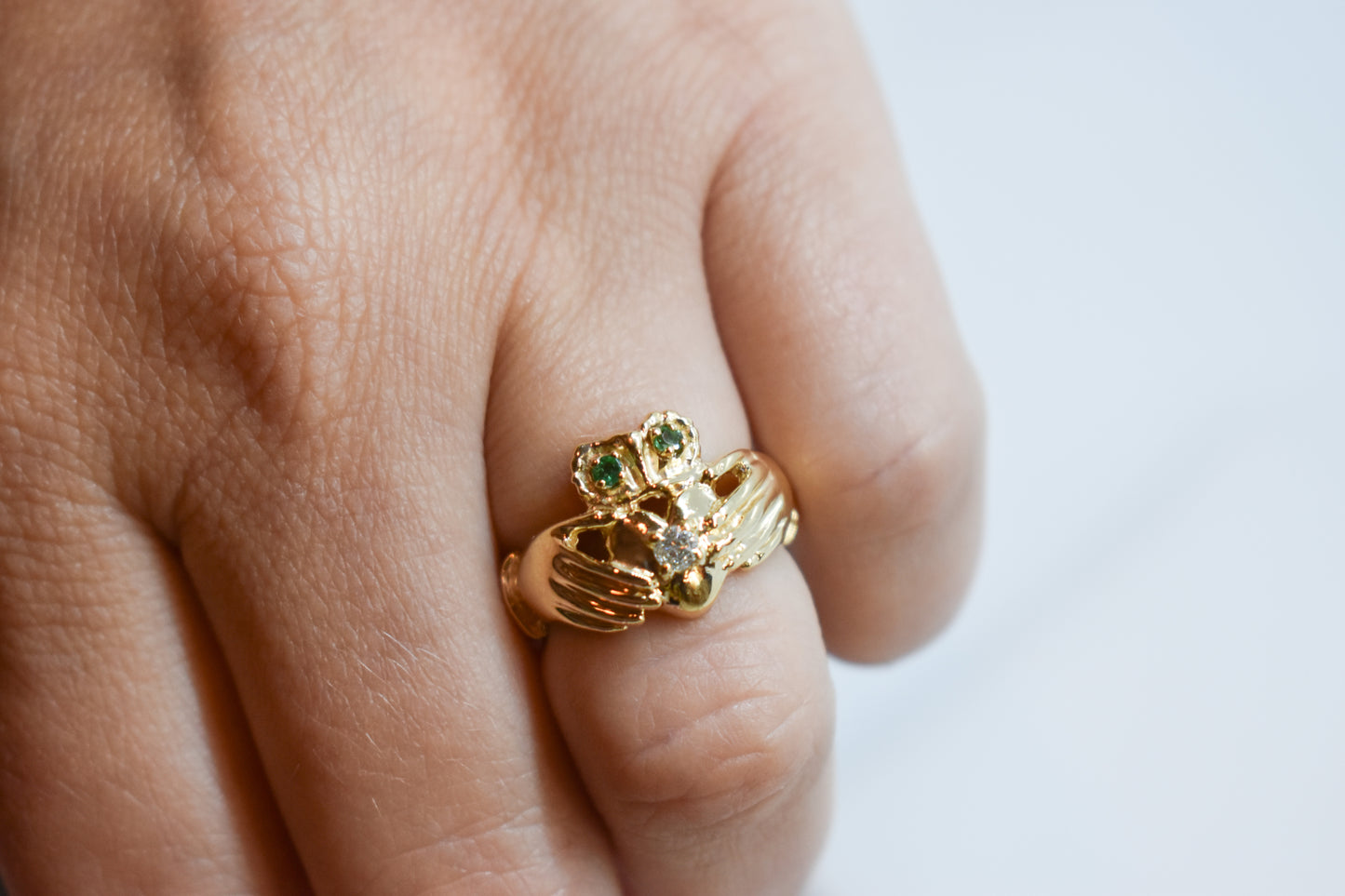 Vintage 14k Gold Claddagh Ring – Emerald & Diamond – Size 5 3/4