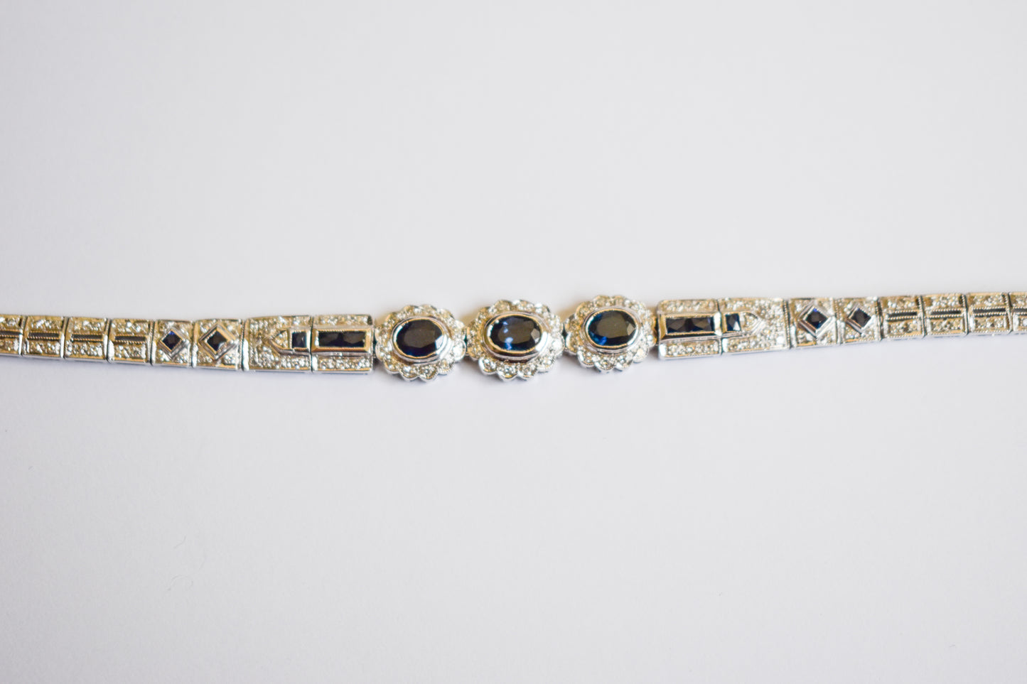 Vintage Estate 14k White Gold Sapphire and Diamond Bracelet 7 3/4"