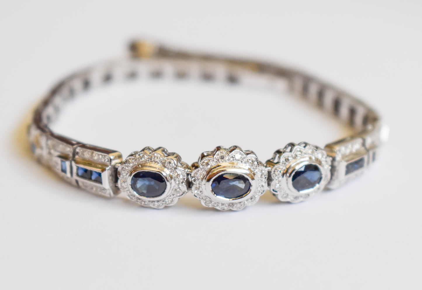 Vintage Estate 14k White Gold Sapphire and Diamond Bracelet 7 3/4"