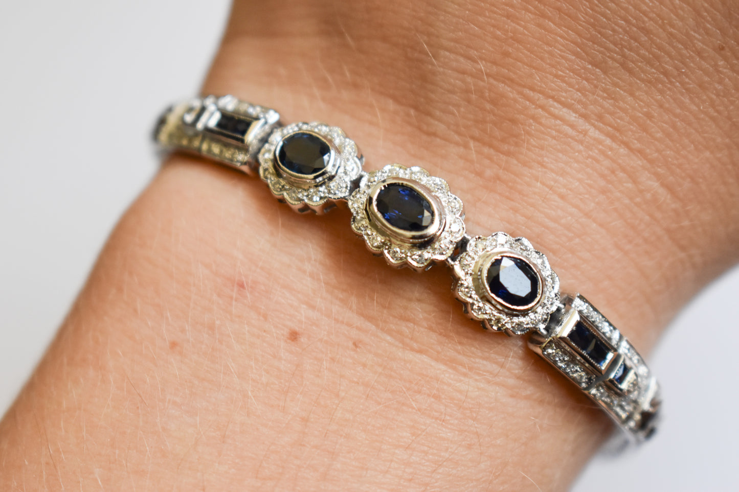 Vintage Estate 14k White Gold Sapphire and Diamond Bracelet 7 3/4"