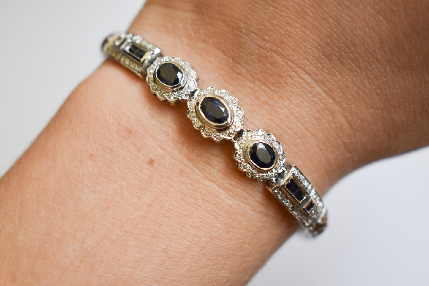 Vintage Estate 14k White Gold Sapphire and Diamond Bracelet 7 3/4"