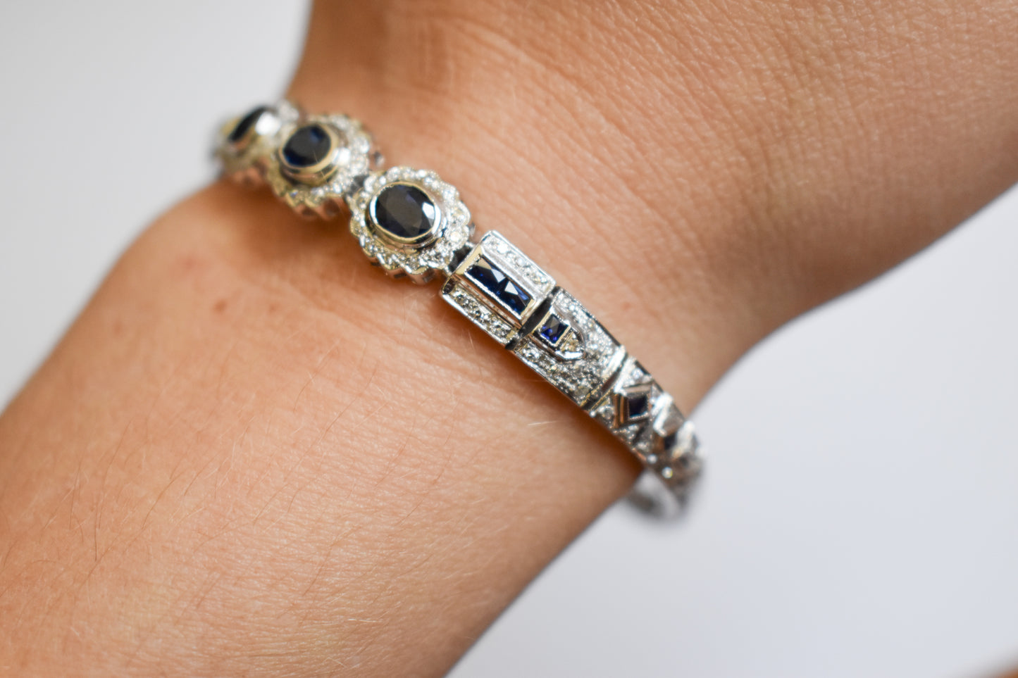 Vintage Estate 14k White Gold Sapphire and Diamond Bracelet 7 3/4"