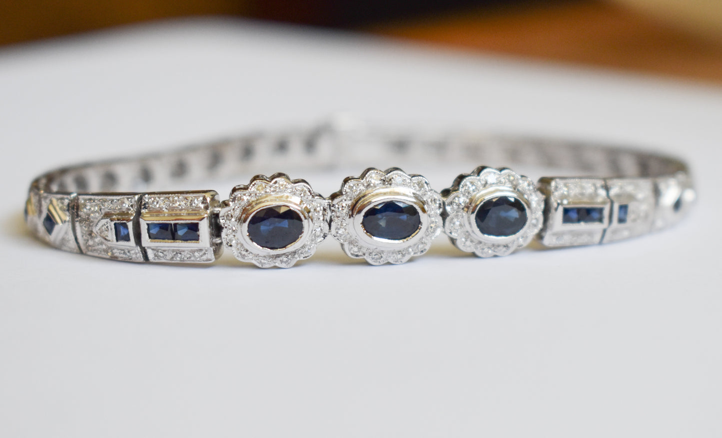 Vintage Estate 14k White Gold Sapphire and Diamond Bracelet 7 3/4"