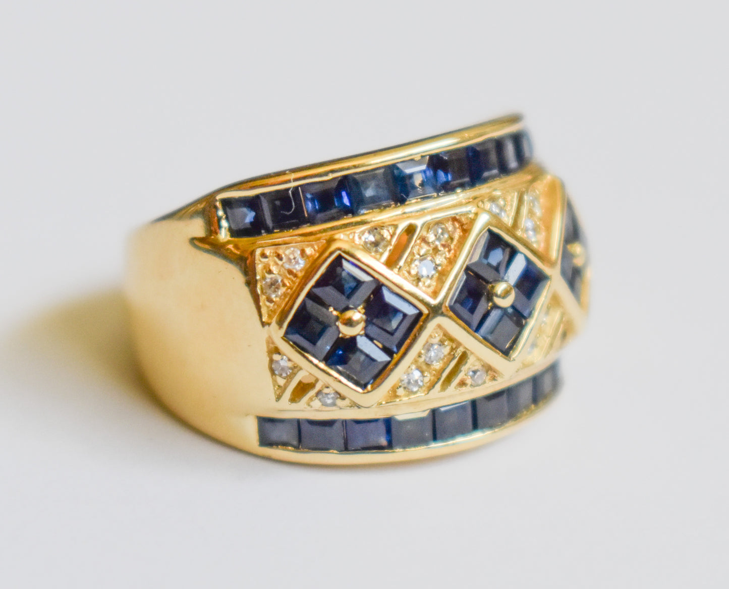 Vintage 14k Yellow Gold Sapphire and Diamond Chunky Band 5 3/4