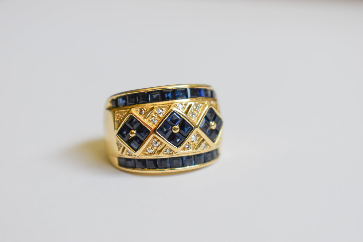 Vintage 14k Yellow Gold Sapphire and Diamond Chunky Band 5 3/4