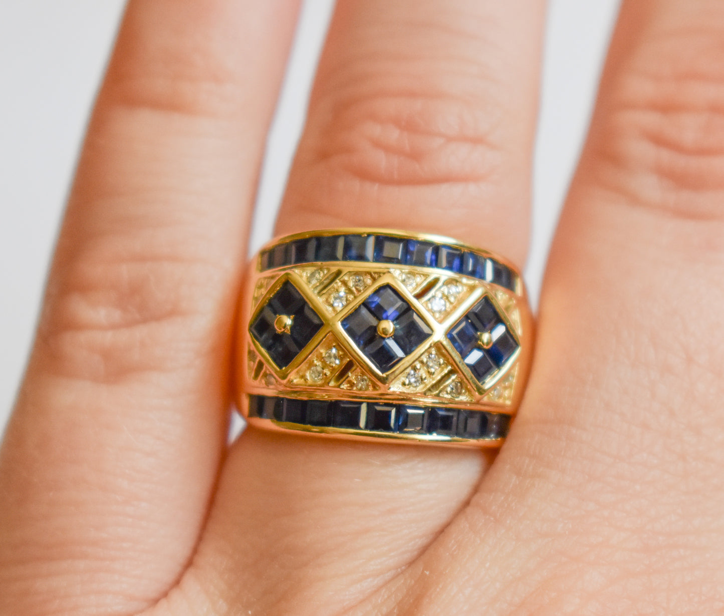Vintage 14k Yellow Gold Sapphire and Diamond Chunky Band 5 3/4