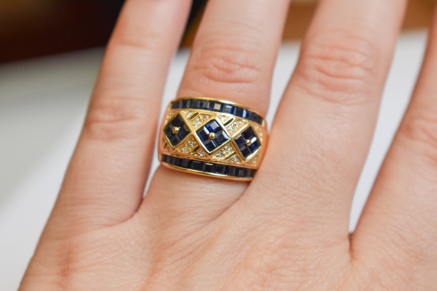 Vintage 14k Yellow Gold Sapphire and Diamond Chunky Band 5 3/4