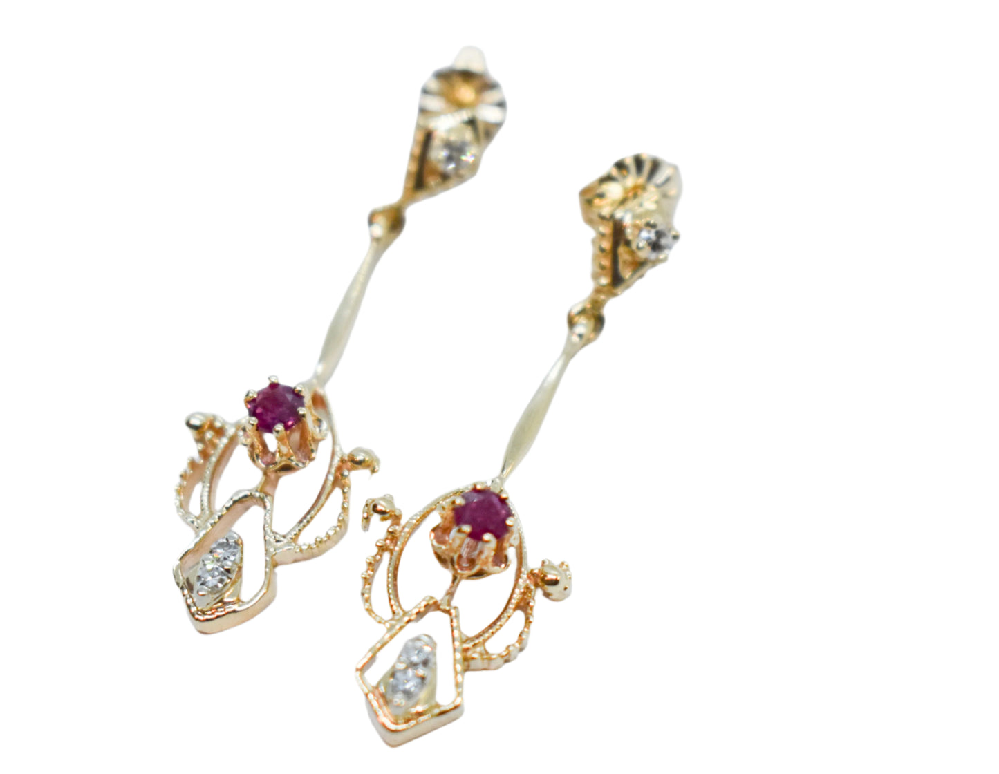 Vintage 14k Yellow Gold Ruby and Diamond Drop Earrings Antique Style