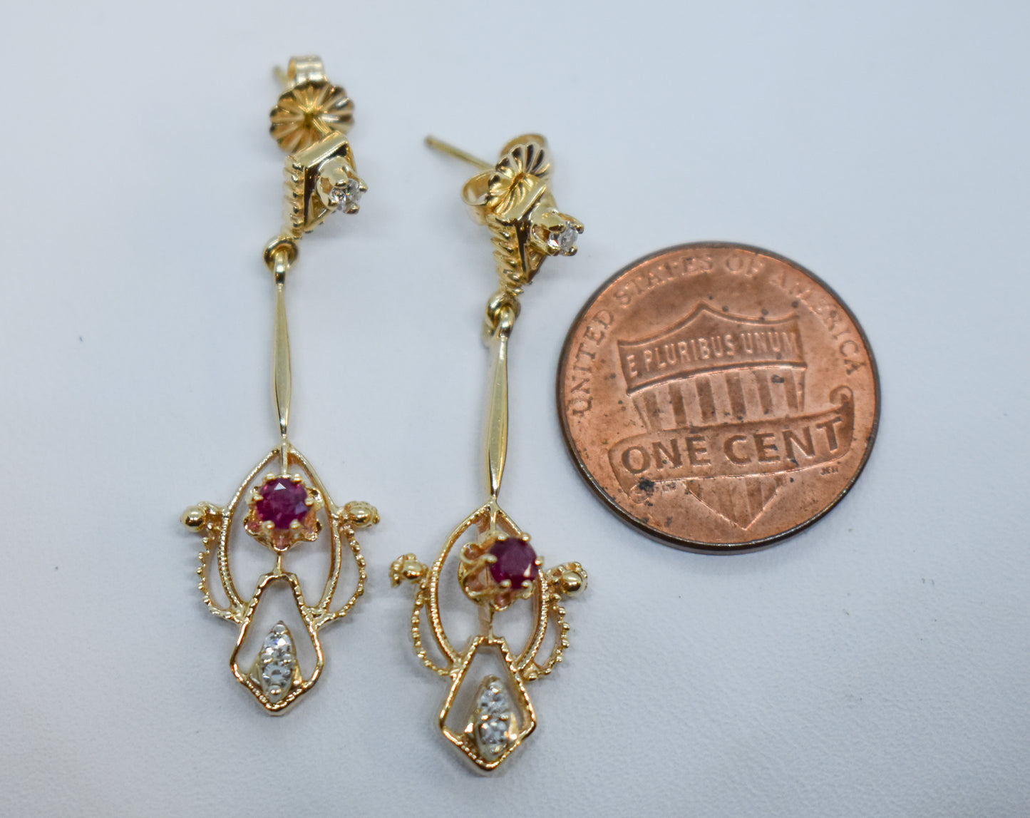 Vintage 14k Yellow Gold Ruby and Diamond Drop Earrings Antique Style