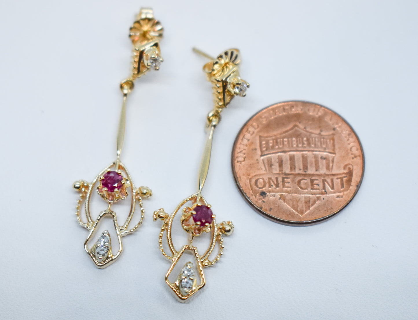 Vintage 14k Yellow Gold Ruby and Diamond Drop Earrings Antique Style