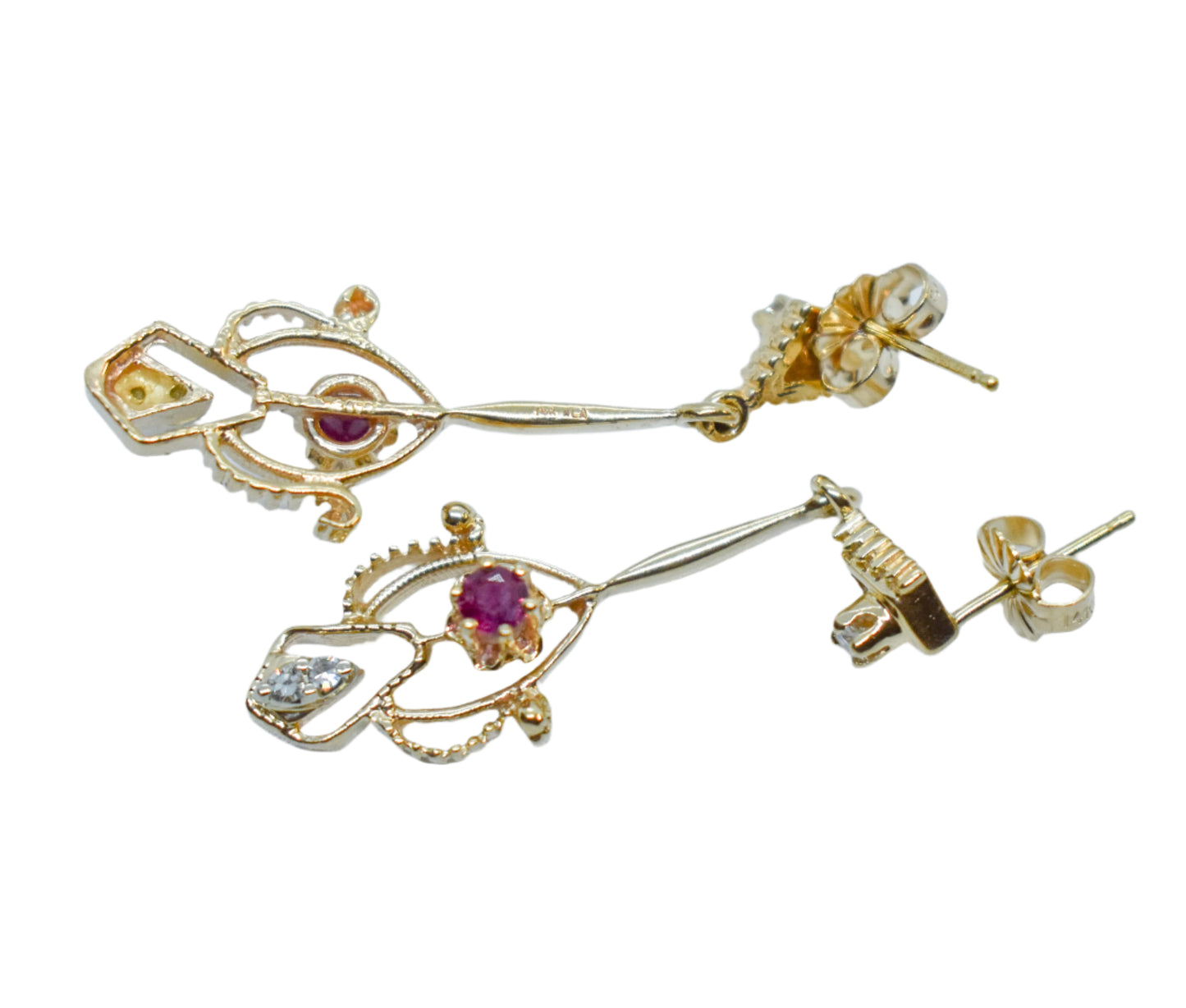 Vintage 14k Yellow Gold Ruby and Diamond Drop Earrings Antique Style