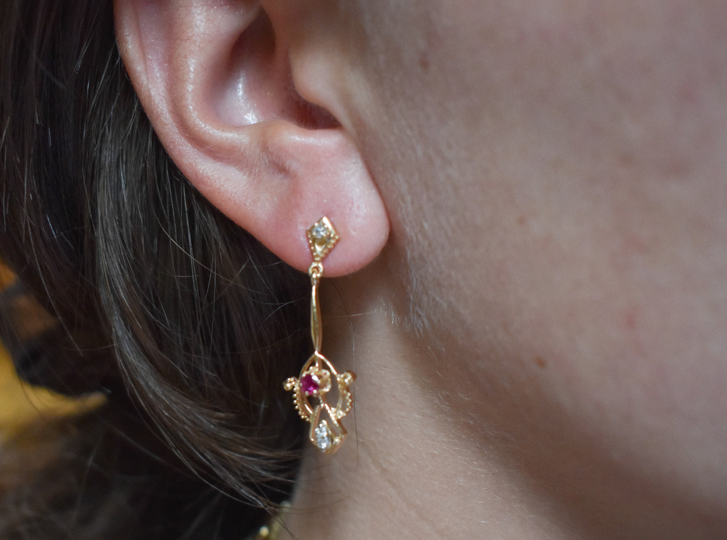 Vintage 14k Yellow Gold Ruby and Diamond Drop Earrings Antique Style