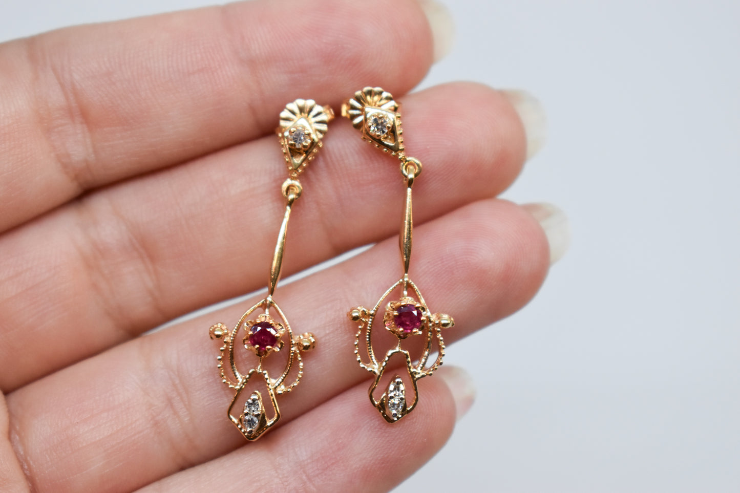 Vintage 14k Yellow Gold Ruby and Diamond Drop Earrings Antique Style
