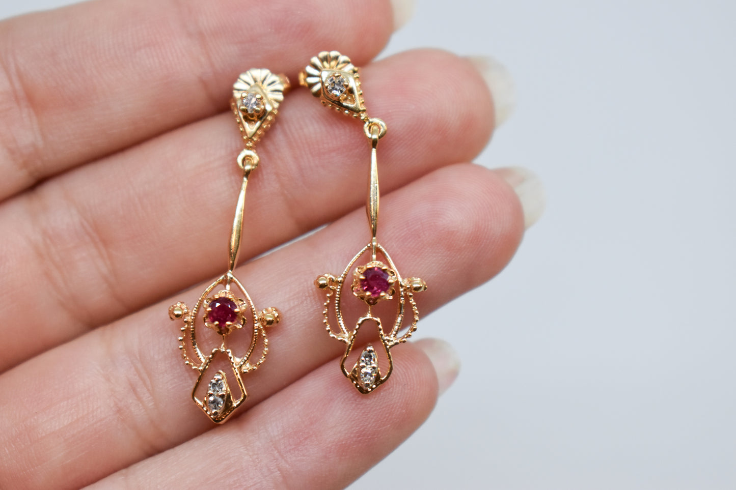 Vintage 14k Yellow Gold Ruby and Diamond Drop Earrings Antique Style