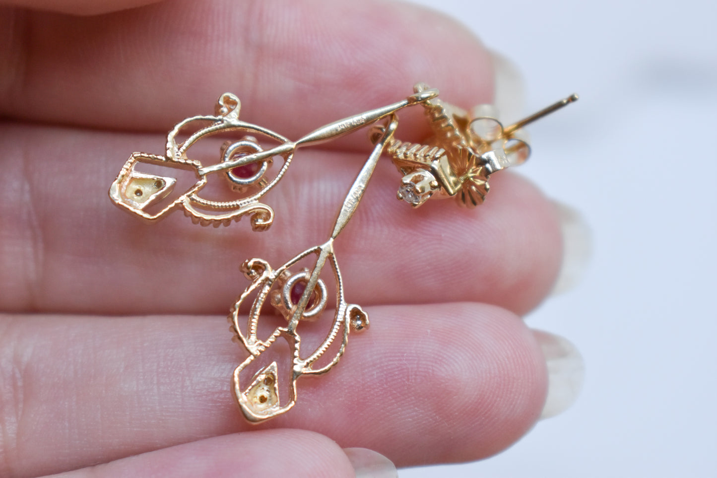 Vintage 14k Yellow Gold Ruby and Diamond Drop Earrings Antique Style