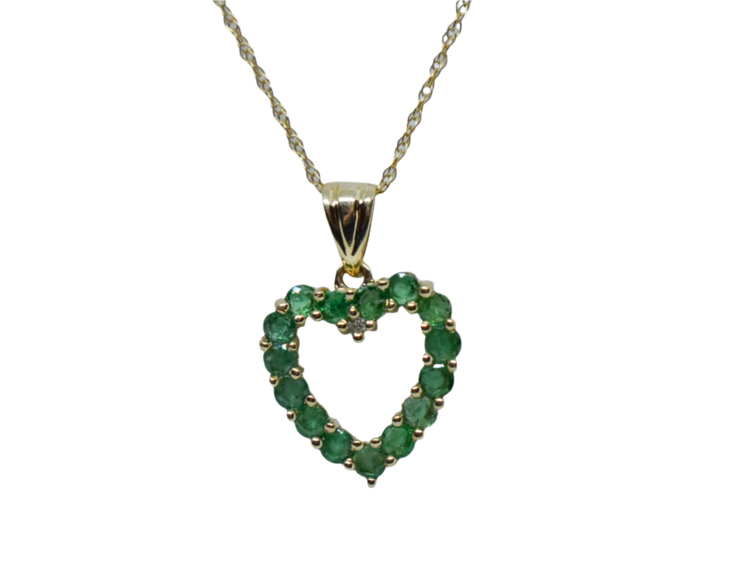 Vintage 14k Yellow Gold Emerald and Diamond Heart Pendant on a Dainty 18" 14k Chain