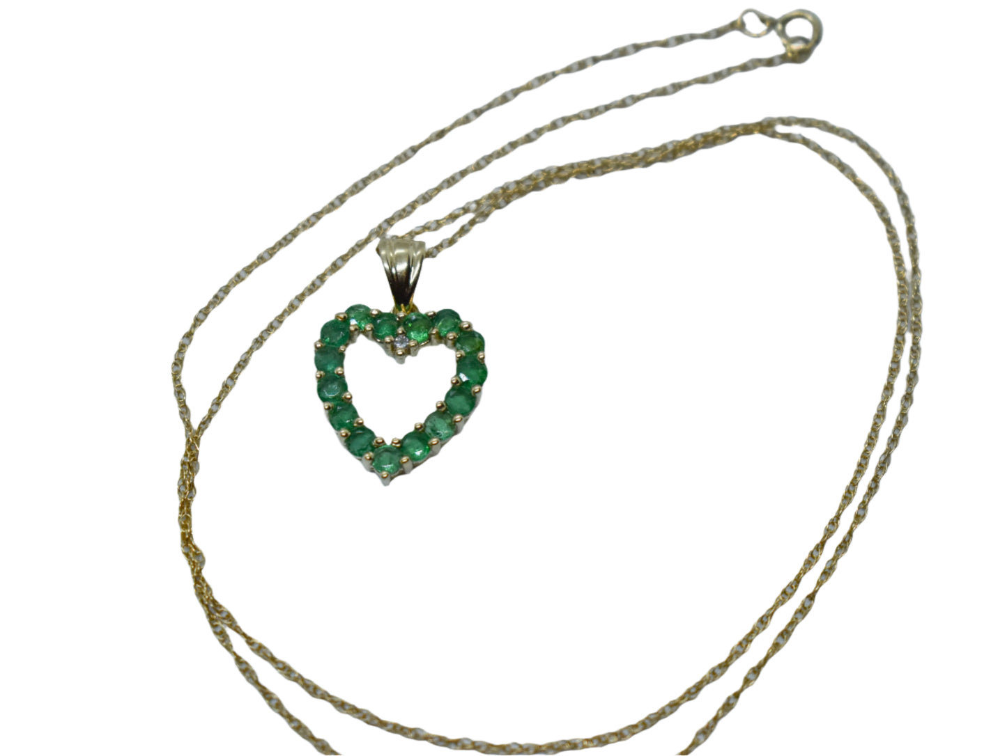 Vintage 14k Yellow Gold Emerald and Diamond Heart Pendant on a Dainty 18" 14k Chain