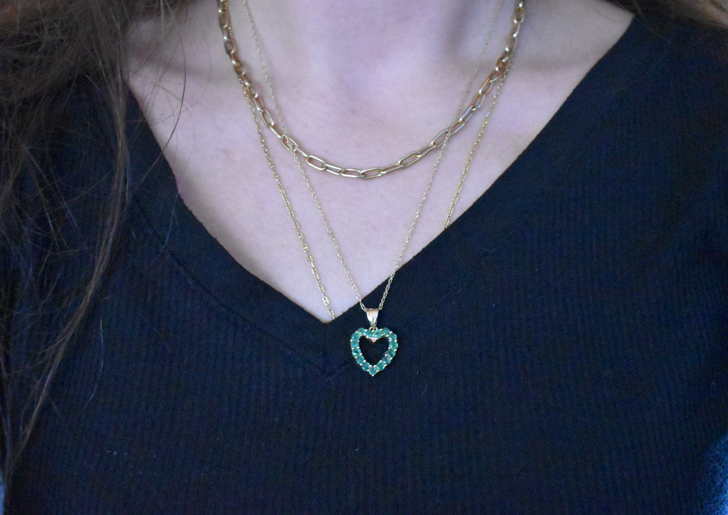 Vintage 14k Yellow Gold Emerald and Diamond Heart Pendant on a Dainty 18" 14k Chain